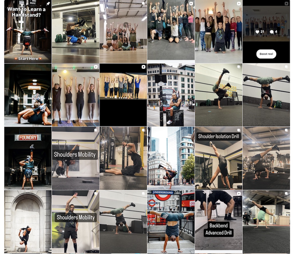 Instagram feed of @yufotrickster: handstand training, mobility drills, workshops and London street handbalancing